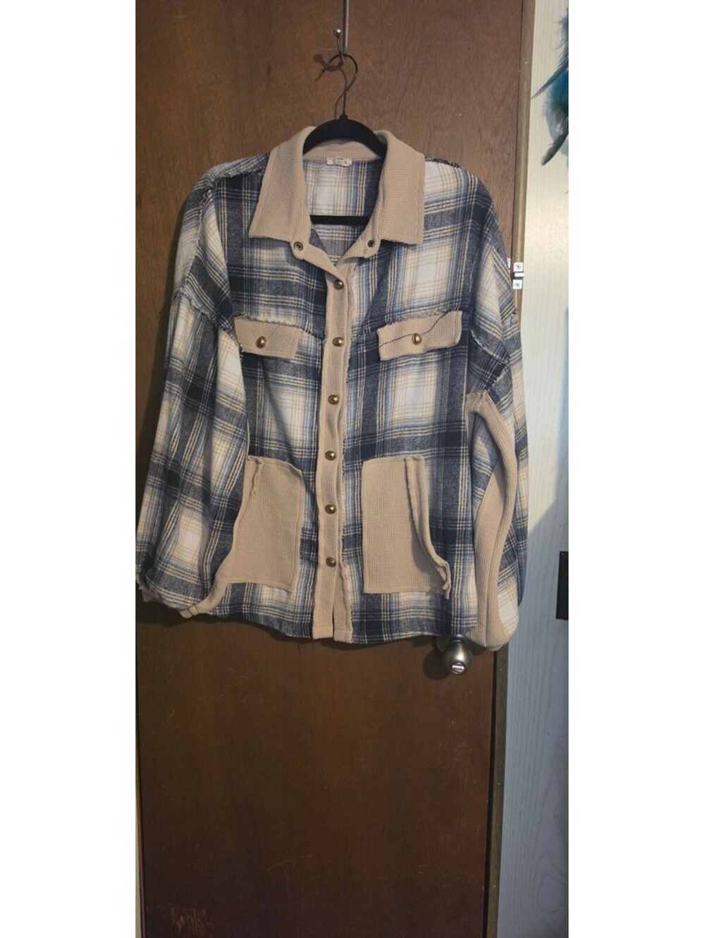 POJ Large Blue and Beige Plaid Button-Up Shirt Jacket